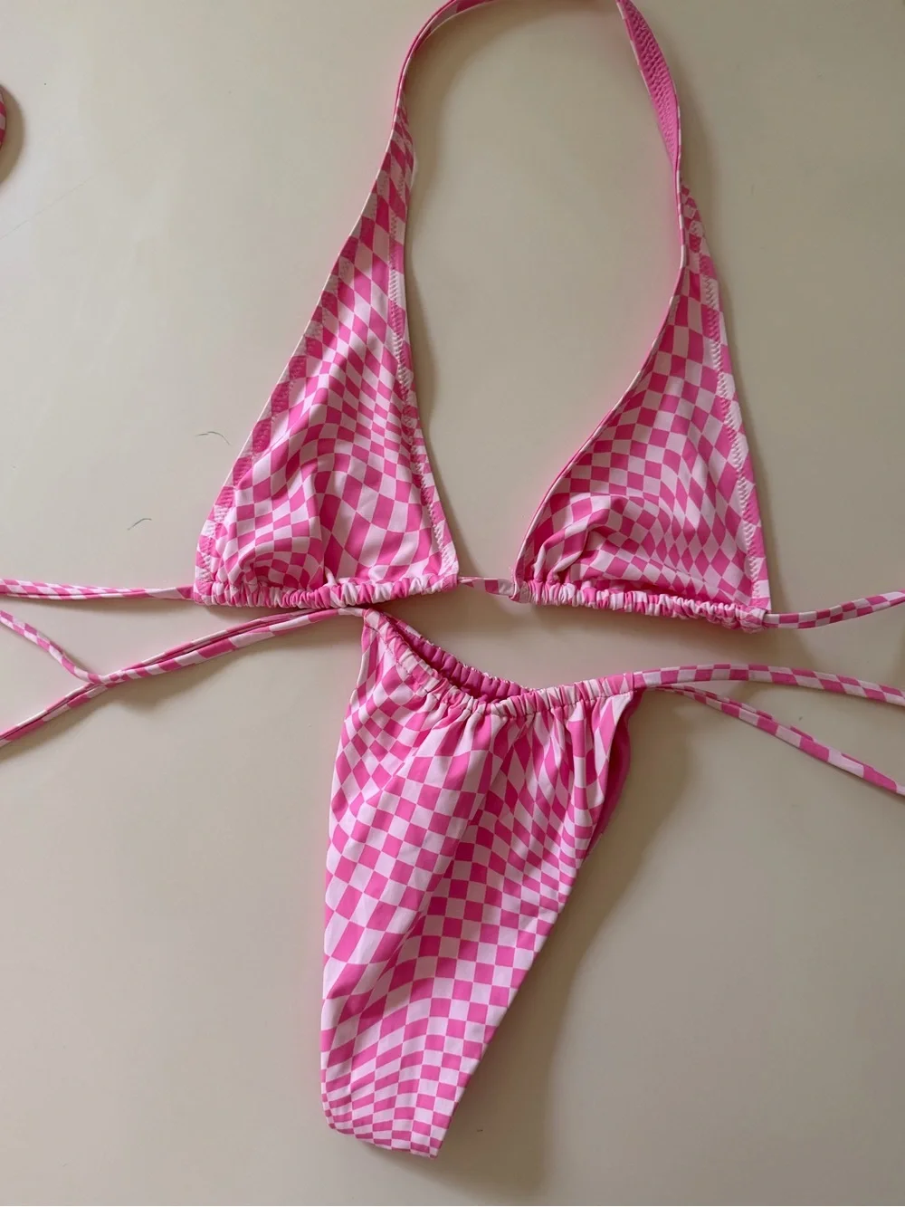 Frankie's Bikinis Pink Checkerboard Triangle String Bikini (M/L)
